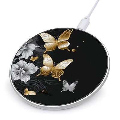 Gold White Butterflies Black Wireless Charger Portable Fast Charging Pad Lightweight Wireless Charging Pad 10W Slim Charging Station for Phone Charger Mat for Travel Home Office Desk