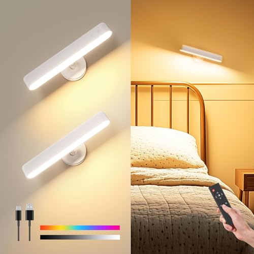 PopoIron Apliques de pared recargables de 7500 mAh, funciona con pilas, lámpara de pared LED inalámbrica, control táctil y remoto, 3 colores, rotación de 360°, brillo regulable con 15 colores RGB