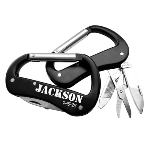 Bella Metallo Personalized Carabiner Multi-Tool with Knife Set, Black, Custom Engraved Message, Groomsmen Gift, Wedding Favor, Gift, Gift for Husband Dad Grandpa