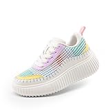 DREAM PAIRS Girls Sneakers Tennis Shoes Kids Fashion Platform Lightweight Lace Up Casual Walking Shoes, Size 1 Little Kid, White/Rainbow, SDFS2416K