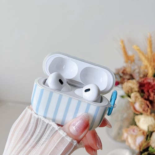 Image of MINSCOSE for AirPods Pro 2nd /1st Generation Clear Case,Cute Striped Pattern Design with Girly Keychain Ring,Soft TPU Protective Shockproof Cover with Cleaner Kit for Airpods Pro /Pro 2-Blue
