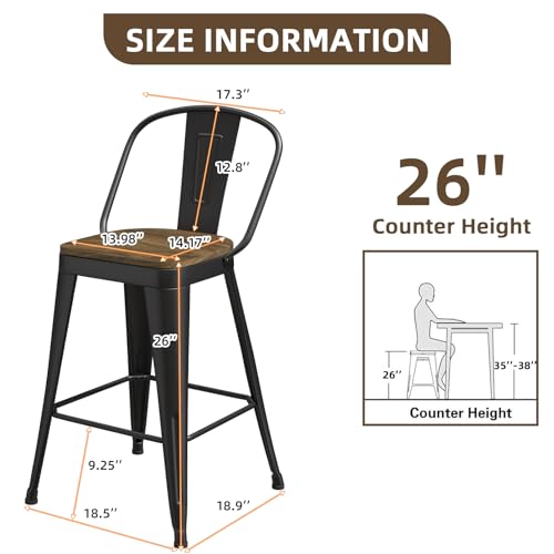 Butacos de Barra de 26 Pulgadas, Juego de 2 Unidades, con Espaldar Alto y Asiento de Madera, Butacos Industriales de Metal para Isla de Cocina (Negro Mate) miniatura 2