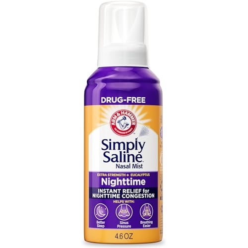 ARM & HAMMER Simply Saline Nighttime Drug-Free Mist for Nasal Congestion at Night, Extra Strength, Calming Eucalyptus, Safe to Use with Rx and OTC, For Adults and Kids Ages 2+, 4.6 oz (129 g)