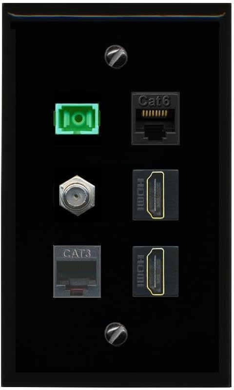 RiteAV 1 Port Fiber Optic Jack SC Simplex APC + Cat6 + Coax + 2 x HDMI + Phone Wall Plate - Flat Style [Stainless Steel]