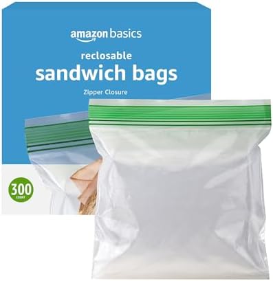 Amazon Basics Resealable Double Zipper Sandwich Storage Bags for Food Storage, 300 Count (Previously Solimo)