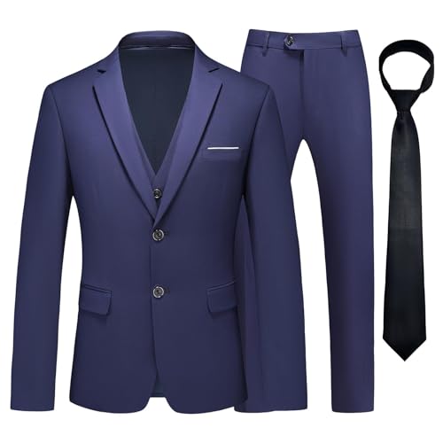 KUDMOL Herren Anzug 3 Stück Zwei Knöpfe Business Hochzeit Smoking Herren Anzug Jacke Weste Hose Set mit Krawatte（Marineblau,3XL