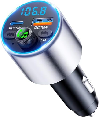 EOIWUY Upgraded Bluetooth Adapter Auto, FM Transmitter Auto Bluetooth 5.3 | [Schnellladung] PD36W & QC3.0 18W, [HiFi-Kristallklarem Sound] Freisprechanlage KFZ Ladegerät Zündungska