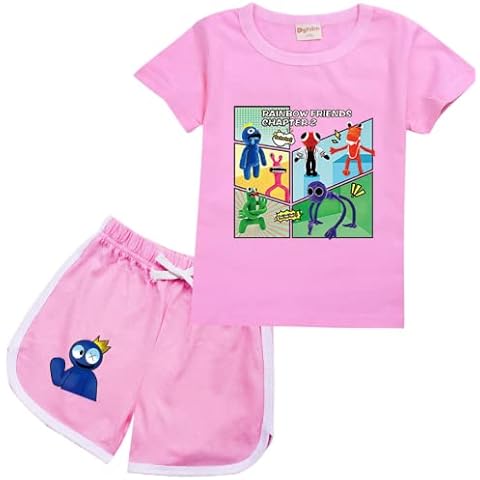 Rainbow Friends Fashion Rainbow Friends Costume for Kids T Shirt 2Pcs Set for Boys Girls (Pink,140cm,7 Years,8 Years) Cover