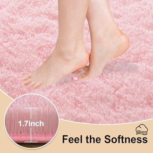 Pink Rugs for Bedroom, 3x5 Feet Fluffy Area Rugs for Living Room, Soft Shag Kids Rug Small Carpet with 4 Non-Slip Rug Pads (3ft x 5ft, Pink)