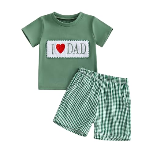 Vicaankue Toddler Baby Boy Fathers Day Outfit I Love Dad Embroidery Smocked Short Sleeve T-Shirt Top and Plaid Shorts Set (Green, 18-24 Months)