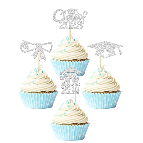 Gyufise 24Pcs Silver Glitter 2023 Graduation Cupcake Toppers Diploma Congrats Grad Cap Diploma Cupcake Picks For Graduation Party Decorations #TOP25