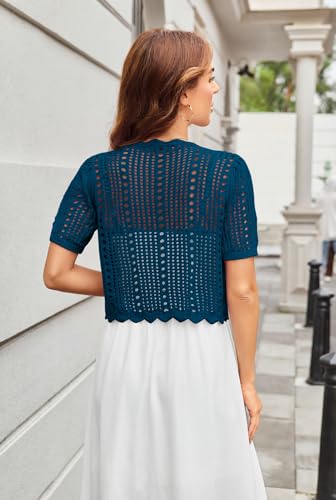 Image of Kate Kasin Women Crochet Shrug Knit Sweater, Short Sleeve Cropped Cardigan | Tie Front Tops Light Weight, Knit Cover Up Arm Bolero For Evening Dresses Dressy Casual, Ladies Eyelet Shawl Thin Formal