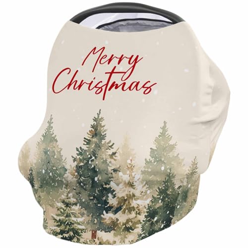 Nursing Cover for Breastfeeding Scarf, Beige Merry Christmas Pine Forest Snow Baby Car Covers Super Soft Multi Use for Canopy Shopping Cart Cover Blanket Stroller Cover