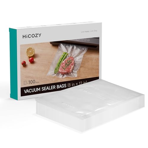 HiCOZY Vacuum Sealer Bags 100 Count 8βx12β for Food Storage, Pre-Cut BPA Free Bag for Meal Prep or Sous Vide Cooking, Safe to Microwave, Dishwasher, Boil, or Freeze White