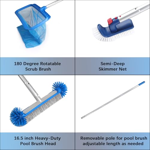 LALAGO Pool Reinigungsset, 4 Stück Pool Zubehör Reinigung Set, comprend 17″Poolbürste & Drehbare Handscheuerbürsten & 175cm Aluminium Griff & Pool Kescher, Professionelles Pool Reinigungsset – Bild 4