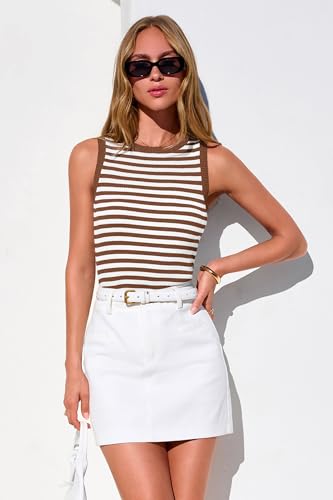 Image of PRETTYGARDEN Summer High Neck Striped Tank Tops for Women Casual Sleeveless Sweaters Basic Ribbed Knit Slim Fitted Shirts