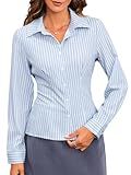 MakeMeChic Women's Striped Button Down Shirts Long Sleeve Slim Fit Collared Blouse Y2K Tops Blue Large
