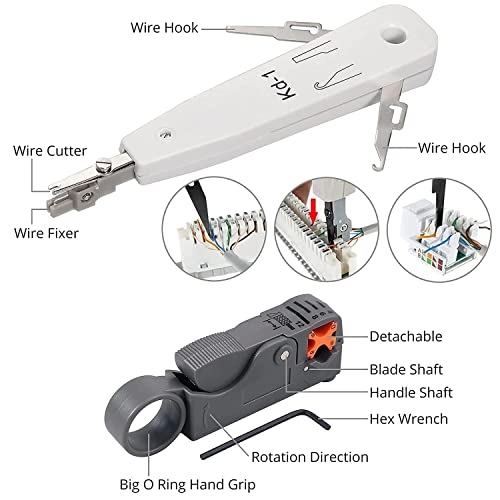 Image of ELECTRO WOLF Crimping Tool Kit RJ45 CAT5 CAT5E CAT6 Crimping Tool, Network Cable Tester, Wire Punch Down Cutter, 50pcs RJ45 CAT6 Pass Through Connectors, 50pcs Covers, 9v Battery (Blue)