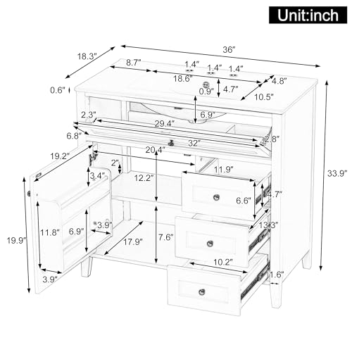 Image of 36 inch Bathroom Vanities with Top Set, Cabinet with Right-Side Multi-Functional Tip-Out Drawer and Adjustable Shelf, Soft-Closing Door, Solid Wood Legs, White