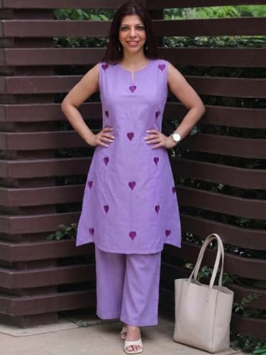Image of ANNI Designer Kurta Set for Women Cotton Blend Embroidered | Kurti Set for Woman | Farshi Salwar Suit Kurta Palazzo Outfit | Round Neck V Slit Sleeveless Regular Fit Ethnic Dress Stylish Clothing
