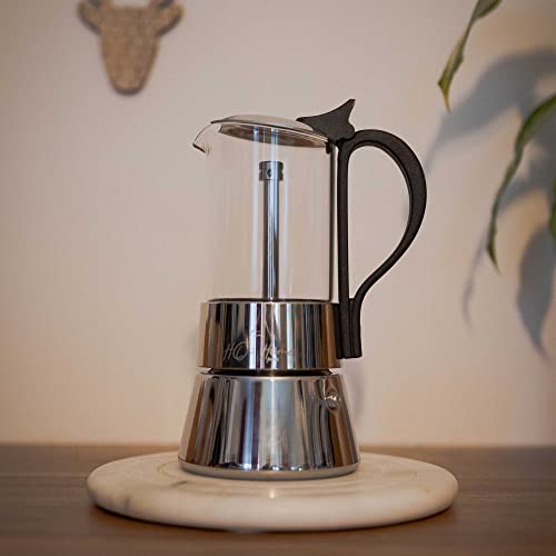 HO2 HOME PARIS® Cafetera italiana 4 tazas (240 ml) - Cafetera Moka de cristal y acero inoxidable - Compatible con placas de inducción/gas/cerámica/eléctrico - Cepillo y juntas de silicona