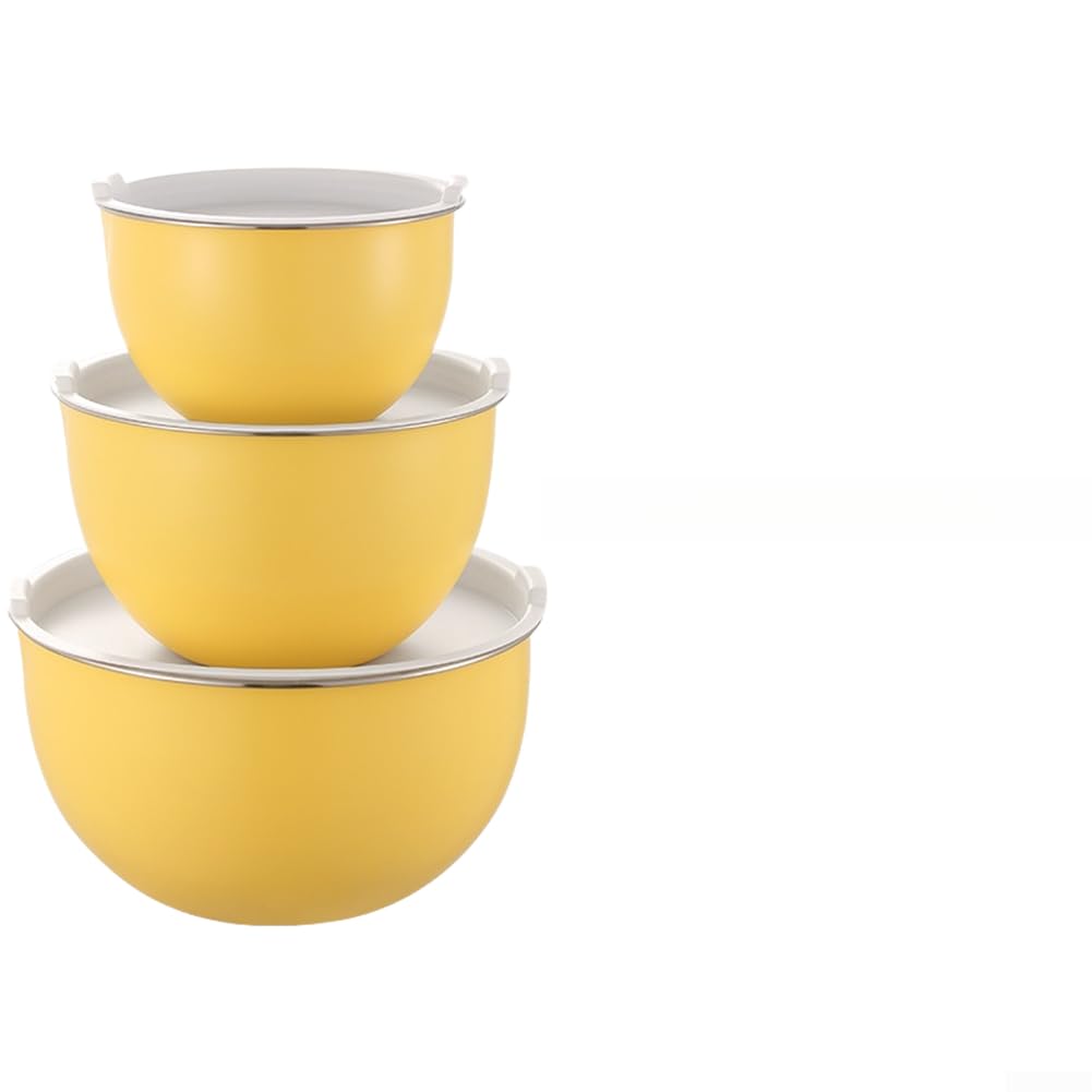 Edelstahlschüssel, Schüssel mit Deckel, 304 Rührschüsseln zum Backen, Kochen, Salat, Eierschlagen, stapelbares Küchen-Vorbereitungsschüssel-Set, stapelbares Design (3 gelbe Deckel)