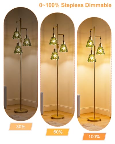 Image of 3-Light Modern Glass Floor Lamp, Gold Standing Tall Lamp with Cylinder Green Glass Shade for Reading, Dimmable LED Floor Lamp with 5Lbs Heavy Base for Living Room Bedroom Home Decor, Bulb Included