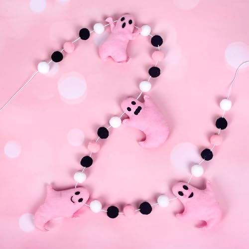 Whaline 6.6Ft Halloween Felt Banner Cute 3D Pink Ghost Hanging Ga...