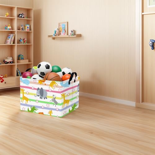 Image of Cute Rectangle Woodland Animal Baby Girl Basket Nursery Playroom Bedroom Decor Clothes Toy Storage Basket Linen Canvas Colorful Animals