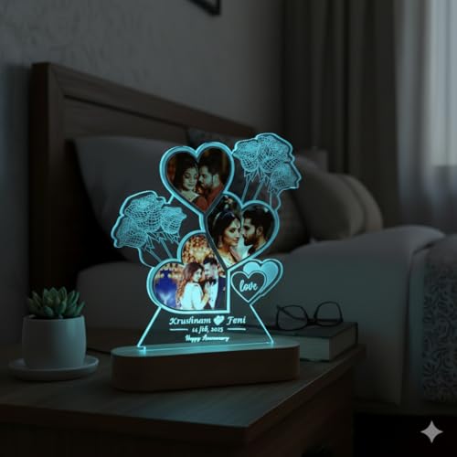 Image of Personalized LED Photo Frame Lamp - Custom Couple Collage Acrylic Night Light with Wooden Base, Romantic Anniversary & Valentine Gift