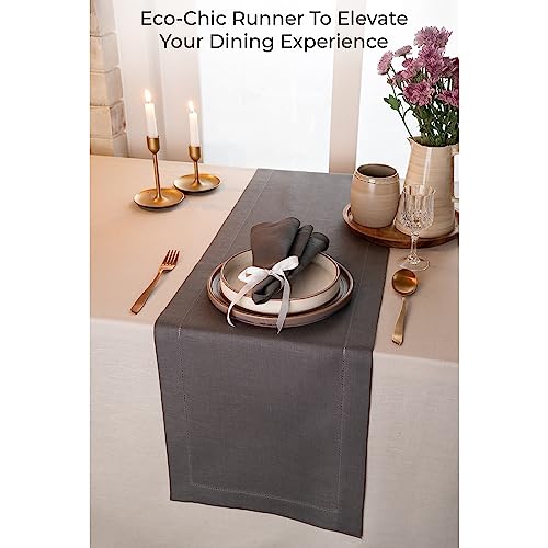 D'moksha Charcoal Grey Table Runner 14 X 144 Inch, 100% Pure Linen Hemstitch Christmas Table Runner 144 Inches Long, Perfect For Thanksgiving, Wedding, Party, Outdoor, Easy Care Machine Washable #TOP1