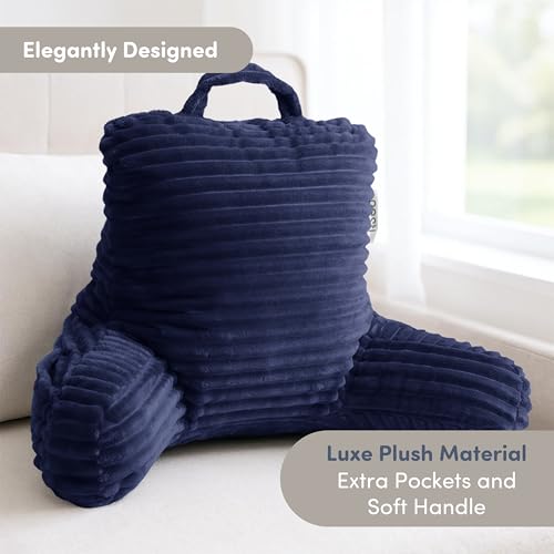 Image of Nestl Reading Pillow for Kids & Teens with Shredded Memory Foam, Luxe Cut Plush Backrest Pillows for Reading and Gaming, for use on Couch, Bed, Floor, Adjustable Support with Washable Cover Navy Blue