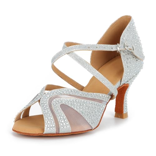 Syrads Women's Ballroom Latin Dance Shoes with Rhinestones Salsa Tango Bachata Indoor Dancing Shoes for Wedding Party Prom 1050, Silver-7.5cm Heel, 3.5 UK