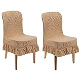 uxcell 2Pcs Dining Room Chair Covers, Parson Chair Slipcover with Skirt, Stretch Flannel Chair Seat Protector for Dining Room Restaurant Banquet, Brown