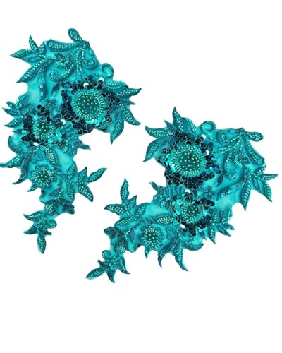 Appliqué fleur strass robe mariage, patchs perlés turquoise