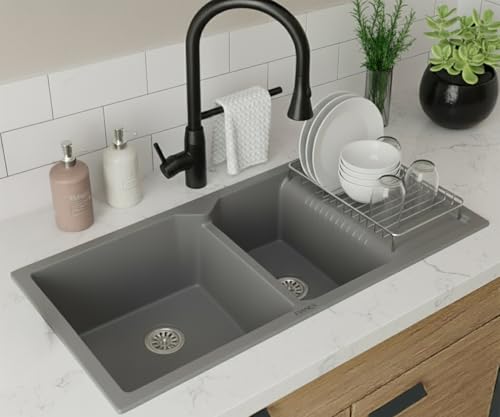 Image of EVANEX Quartz Sink for Kitchen|45x20x9 inch Double Bowl Kitchen Sink with Drain Board|Matt Finish|Grey Quartz Kitchen Sink with Sink Connector, Waste Pipe, Coupling and Drain Basket