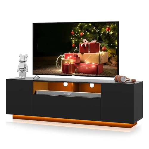 WLIVE Modern TV Stand for 65 Inch TV, Entertainment Center with LED Lights & Large Storage Cabinets, Sturdy Media Console for Living Room, Bedroom, Gaming(Black)