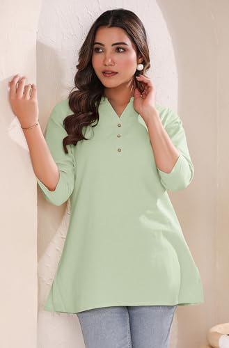 Image of Janasya Women's Light Blue Linen Cotton Solid A-line Top