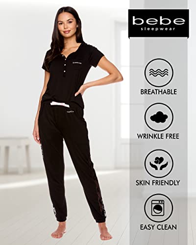 bebe Womens Pajama Set, Short Sleeve Shirt with Lace Jogger PJ Pants Lounge Sets for Women4