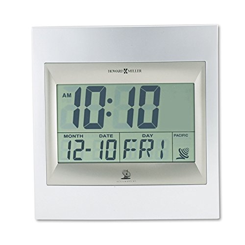 Howard Miller Techtime II Wall Clock, Silver Finish Glass LCD Display Wall Mount, Radio Control Movement Battery Operated Perfect Alarm Clock for Office, Living Room, Kitchen & Home Decor