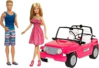 Barbie Car Beach Cruiser with Barbie Doll in Sundress & Ken Doll in Beach Outfit, Pink 2-Seater Open Toy Car (Amazon Exclusive)