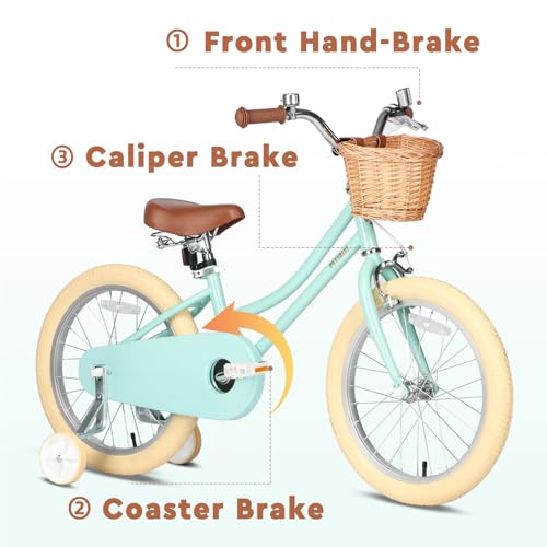 Petimini 16 Inch Little Kids Bike for Age 4 5 6 7 Years Old Girls Retro Vintage Style Bicycles with Basket Training Wheels and Bell, Mint Green - Thumbnail 6