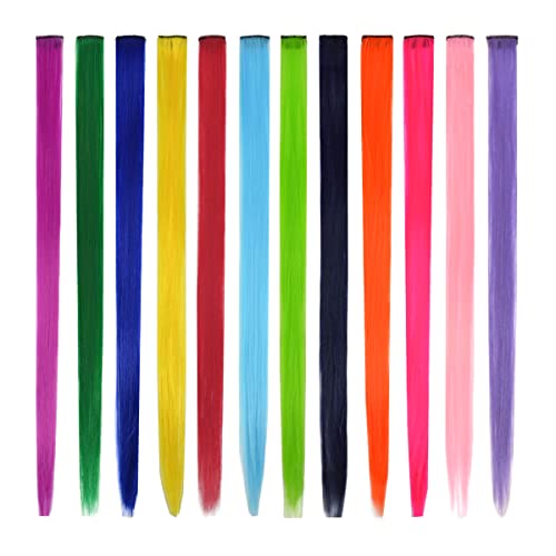 12 Pcs Colored Hair Extensions 22 Inch Colored Hair Clips Straight Synthetic Hairpieces Multi-Colors Party Highlights Clip For Women Kids Girls (Colorful Set Straight） #TOP9