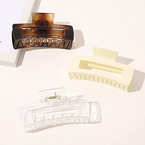 Hair Claw Clips for Women - Large Plastic Matte Jumbo Nonslip Claw Hair Clips Accessories for Girls Fashion Strong Hold French Rectangle Hair clips for Thick Long Curly Jaw Clips Clear Brown Beige