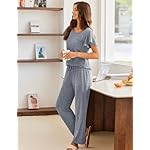 Ekouaer Pajamas for Women Set 2 Piece Comfy Loungewear, Lightweight Pjs Sleepwear, Short Sleeve Top & Long Pants with Pockets - Image 3