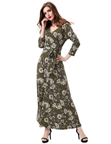 Aphratti Womens 3/4 Sleeve Faux Wrap Maxi Dress Floral Fit Flare V Neck Long Dresses Green Xxl #TOP3