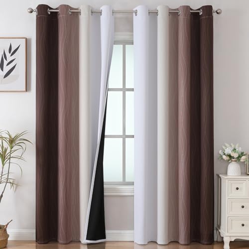 Estelar Textiler Brown and Greyish White Gradient Blackout Curtains for Bedroom, Thermal Insulated Ombre Blackout Drapes, Full Room Darkening Energy Saving Curtains for Living Room,52Wx84L,2 Panels