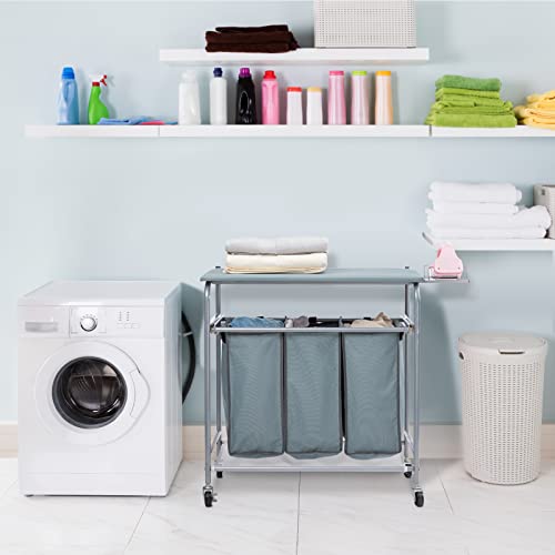Alimorden Laundry Sorter With Ironing Board Iron Rack Rolling Laundry Basket With Side Pull 3-Bag Heavy-Duty Laundry Room Organizer Clothes Hamper With 4 Wheels And Lid Blue Grey #TOP7