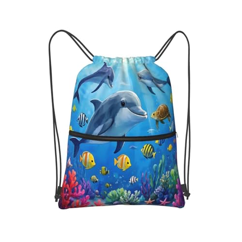 Colorful Underwater Dolphins Blue Gym Drawstring Bags Stylish String Bag Beach Backpack For Sport