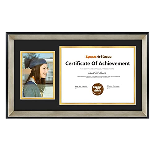Space Art Deco, 11X19.5 Diploma Frame With Black Over Gold Double Mat For 8.5X11 Documents And One 5X7 Picture, Shatter-Resistant Glass Sawtooth Hangers Wall Mount Display (Silver And Black) #TOP7